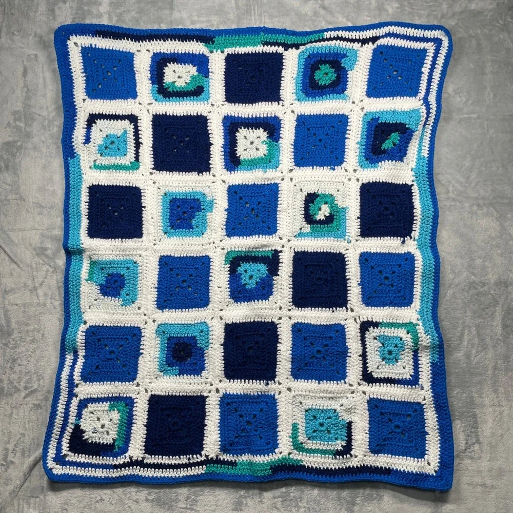 Handmade Granny Square Crochet Blanket Blue White Teal Throw Cozy 39 x 32